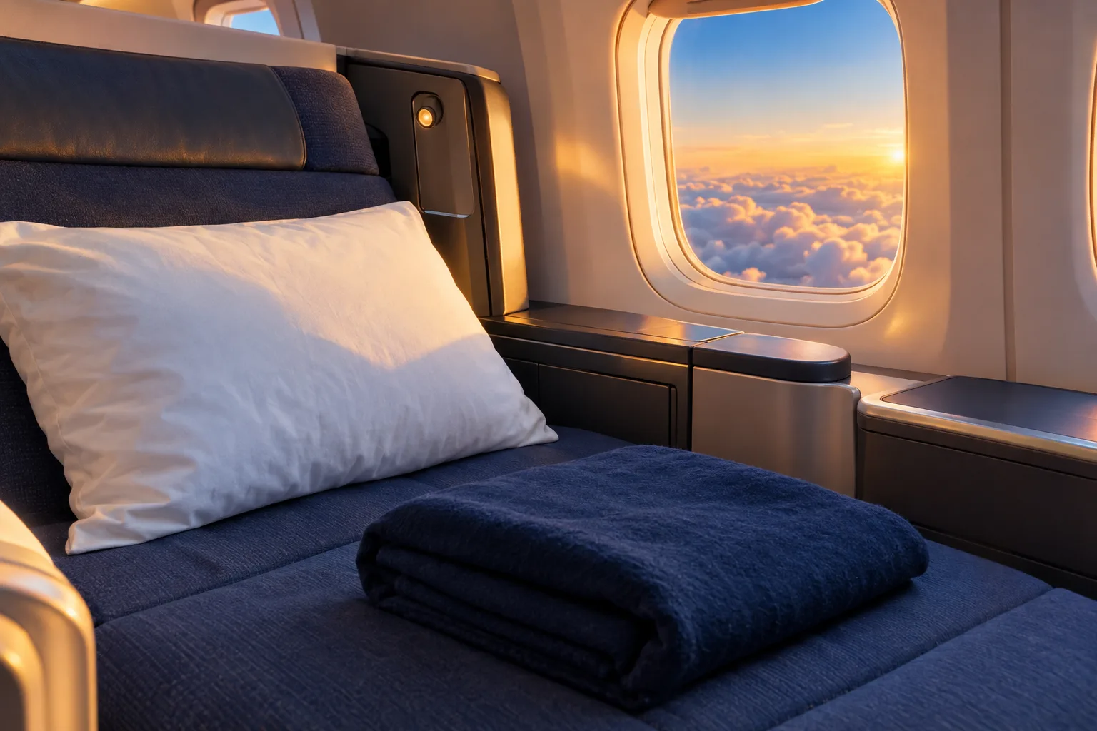 Illustration of a lie flat premium cabin seat with a folded navy blanket beside a window at golden hour